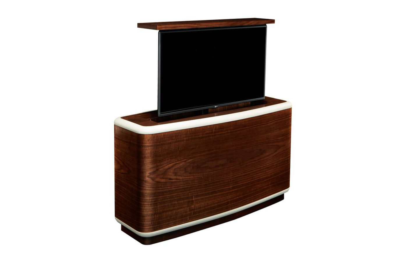 Fercarra rounded hidden TV in walnut furniture with lift by Cabinet Tronix and Trace Mccullough