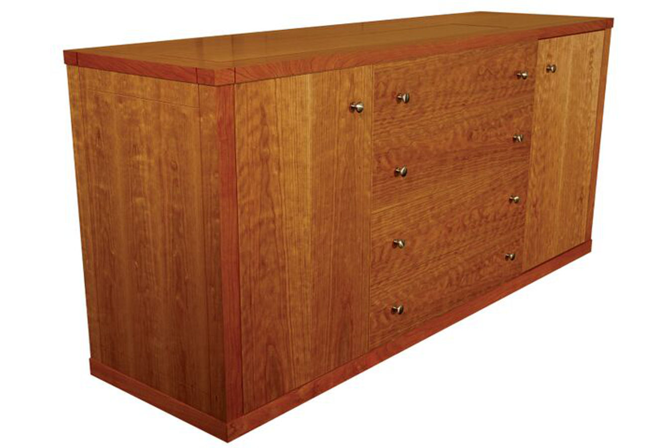 Contempo motorized TV stand buffet is made out or figured cherry and is hiding a 65 inch flat screen