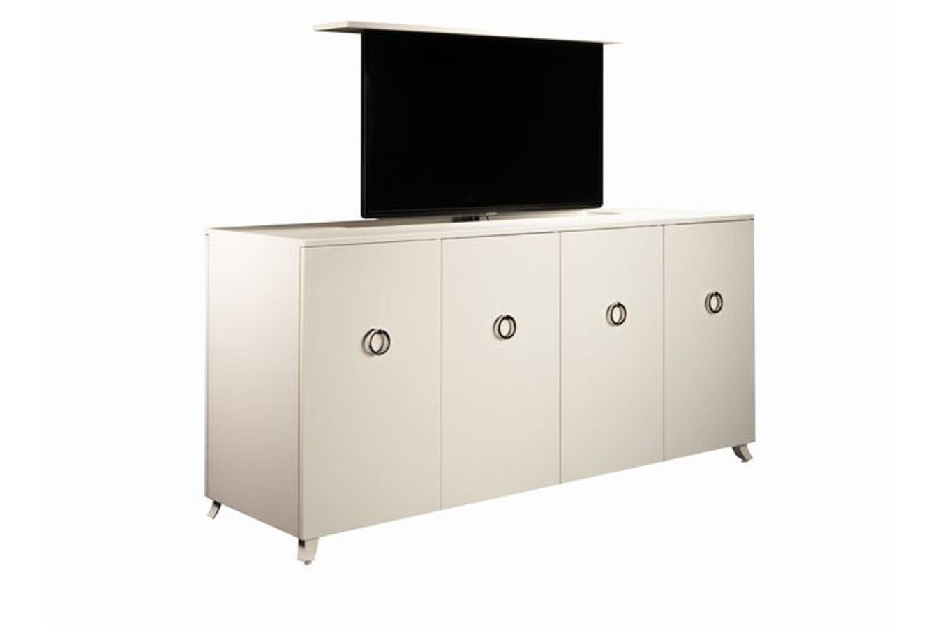 New York white gloss TV lift cabinet furniture built by Trace Mccullough at Cabinet Tronix