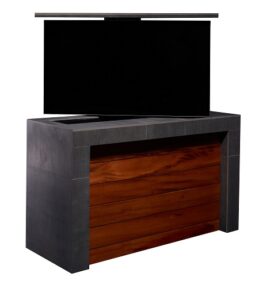 Outdoor weatherproof TV lift furniture with 360 swivel in Cumaru or Tigerwood Cabinet Tronix San Diego