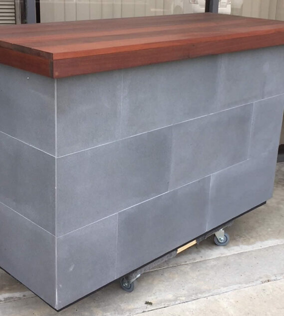 Basalt grey stone honed Finish with IPE solid wood top