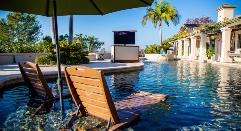 Sunbrella outdoor hidden TV lift cabinet with 360 swivel