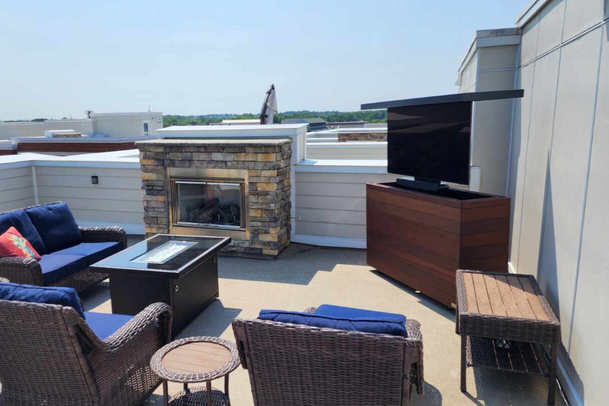 rooftop balcony deck outdoor hidden tv lift wood cabinet 2