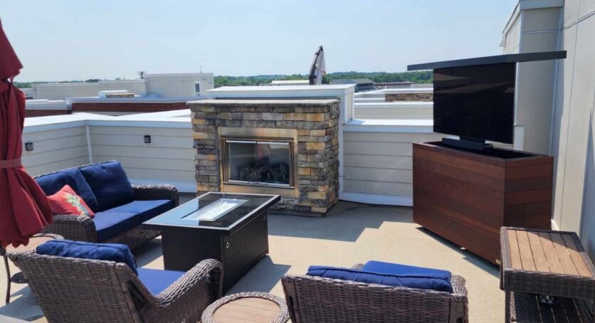 rooftop balcony deck outdoor hidden tv lift wood cabinet