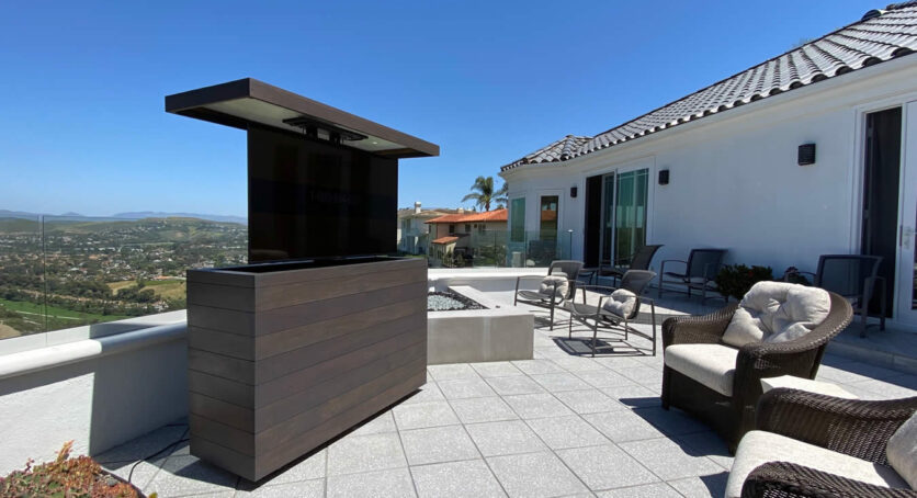 Beautiful Grayed Espresso Ipe hidden TV lift cabinet by Cabinet Tronix Los Angeles