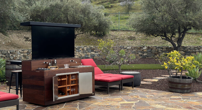 outdoor tv lift cabinet mobile bar by pool