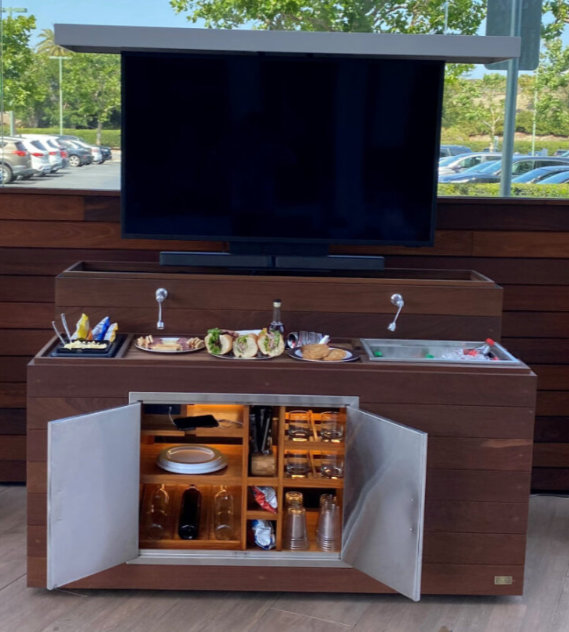 outdoor waterproof bar with storage tv lift cabinet all in on cabinet tronix orange county