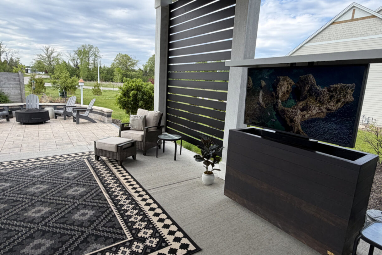 hidden tv lift cabinet covered patio