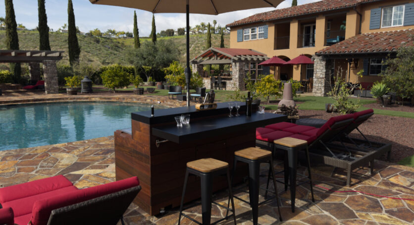 outdoor mobile bar with tv & umbrella by cabinet tronix