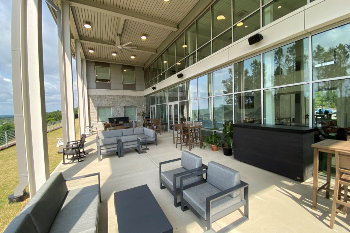 school patio pavilion outside with 2 hidden tv cabinets