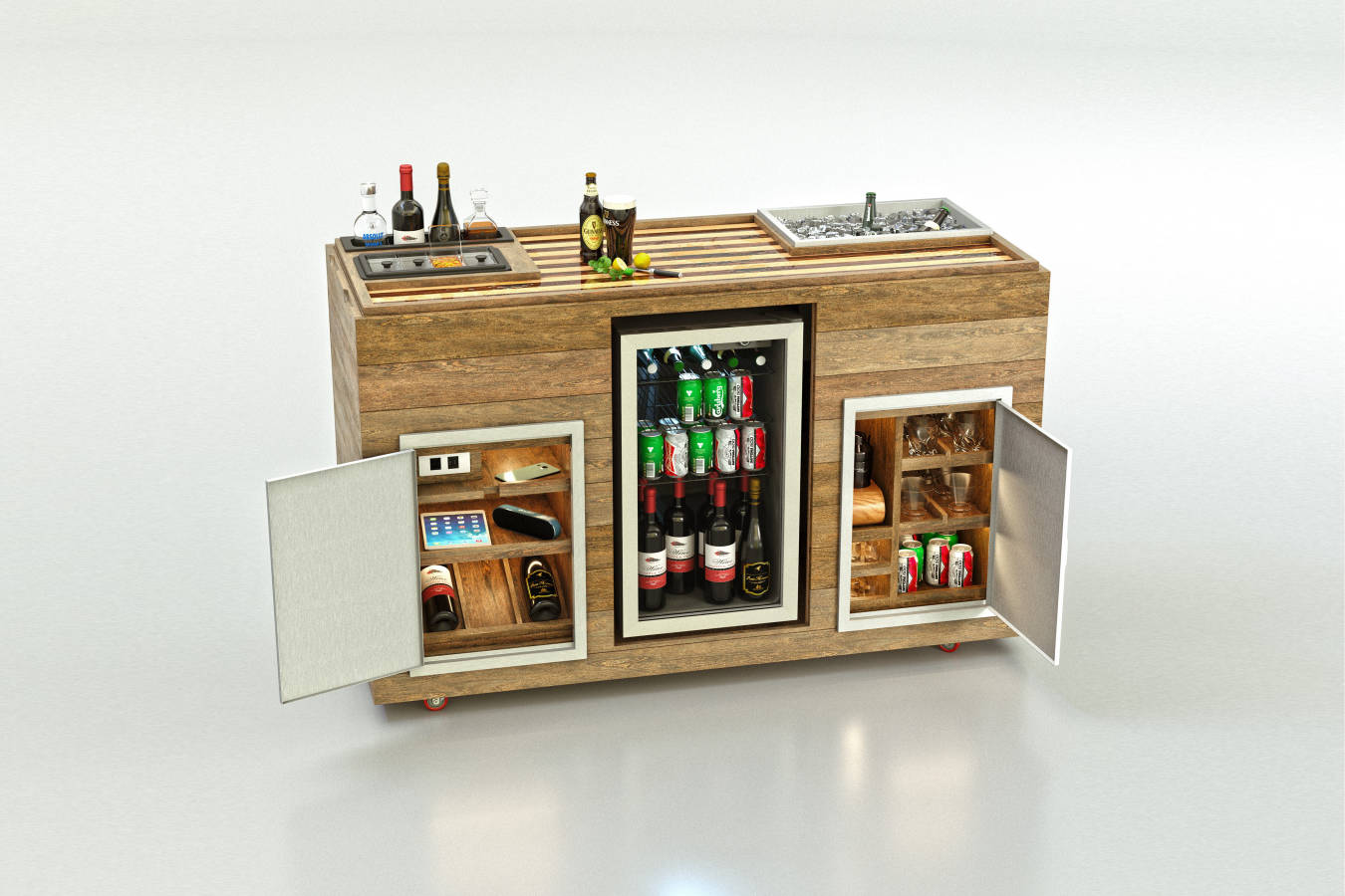 Complete outdoor movable hidden entertainment bar, fridge, storage and serving ipe cabinet