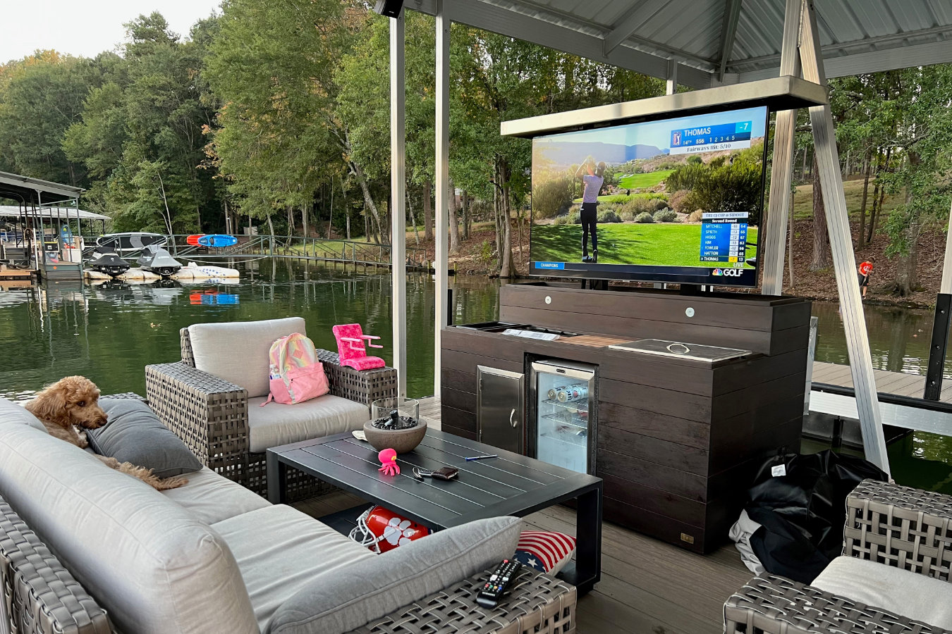 Cabinet Tronix Outside hidden bar TV lift cabinet on end of a boat dock South Carolina