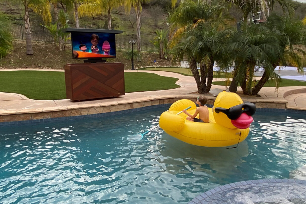 poolside hidden tv cabinet 65 inch tv rift ipe outdoor entertainment scripps ranch