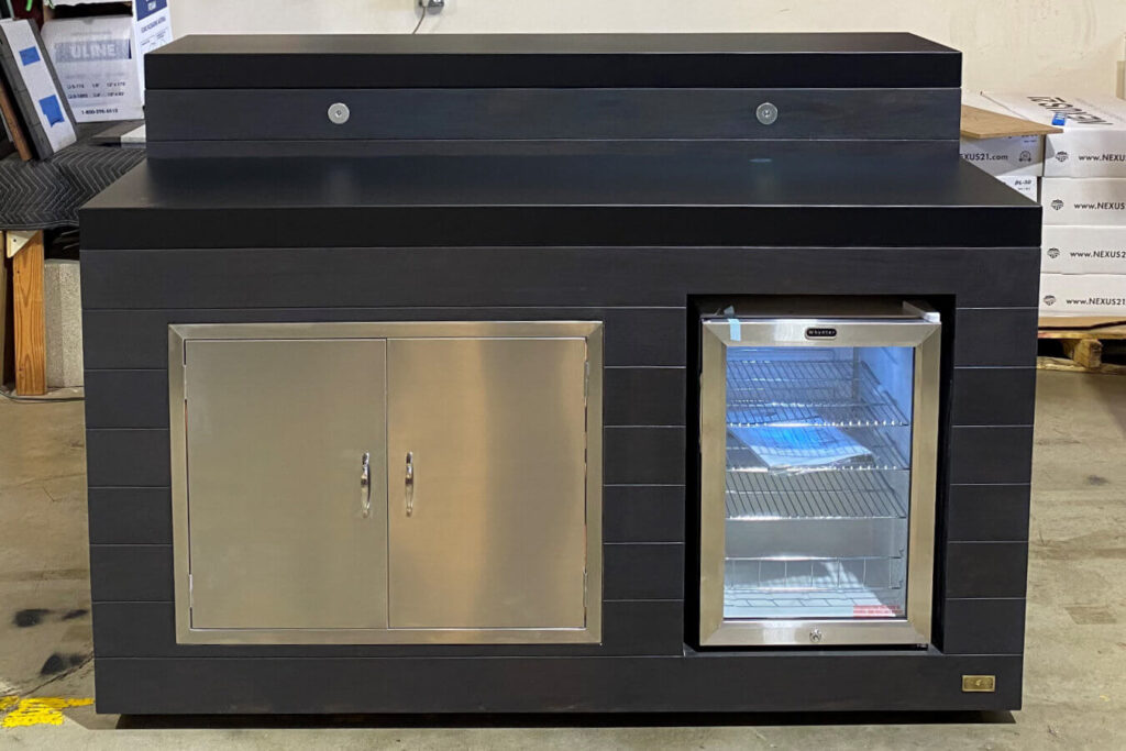Custom amazing outdoor backyard bar server with hidden TV lift cabinet fridge with wheels