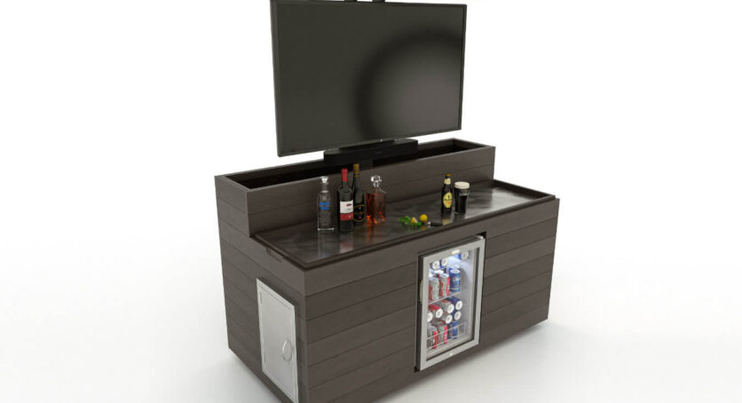 Outdoor hidden server TV lift cabinet with fridge on wheels New Jersey