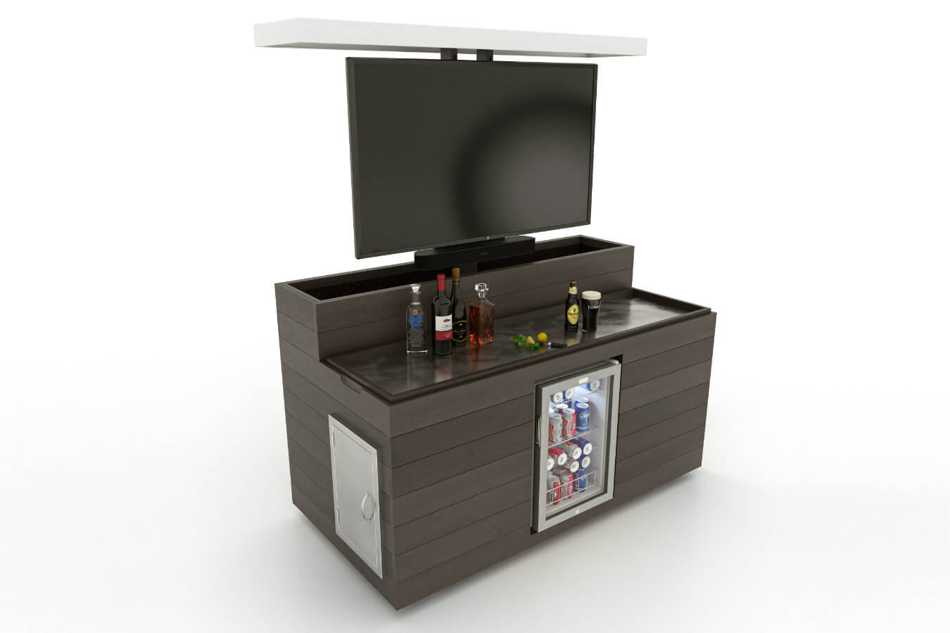 Outdoor hidden server TV lift cabinet with fridge on wheels New Jersey