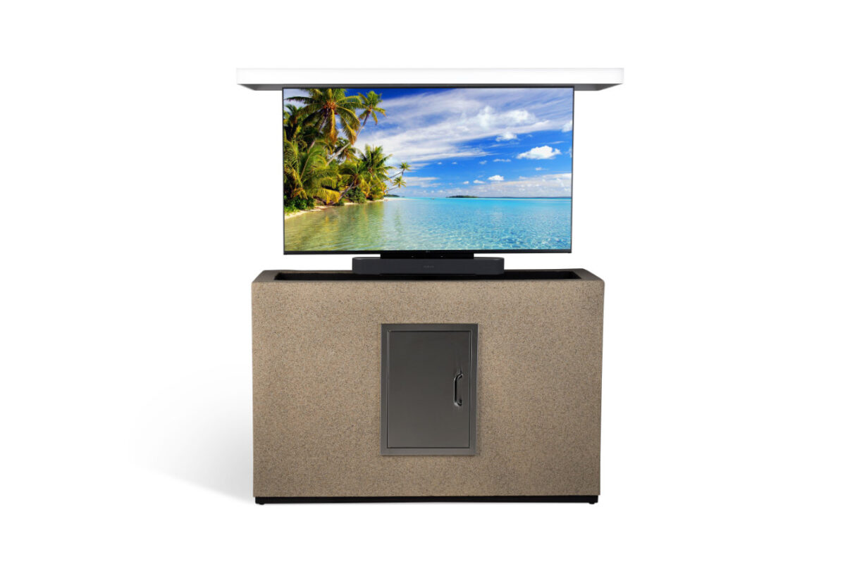 back side stucco outdoor console hides tv and electronics