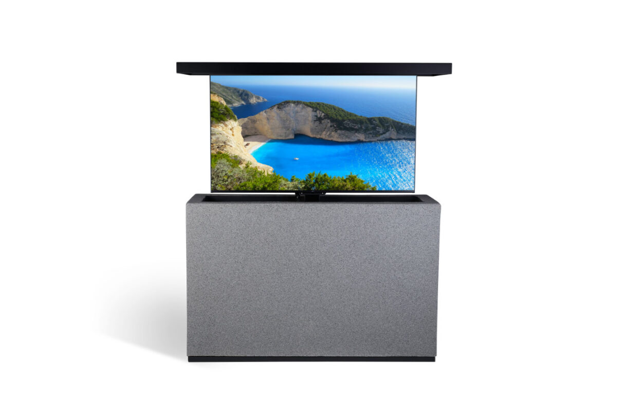 gray stucco outdoor pool retractable tv lift stand