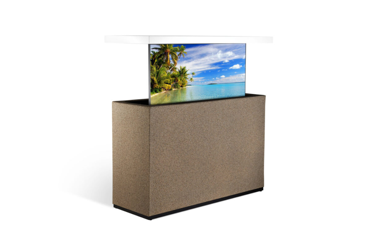 outdoor retractable stucco tv lift cabinet by pool