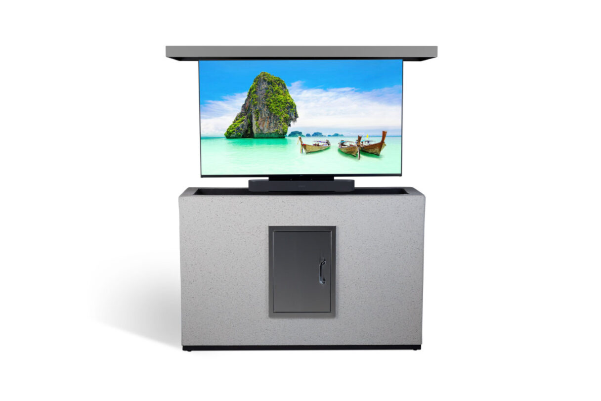 pearl haze stucco outside outdoor swivel tv lift island cabinet