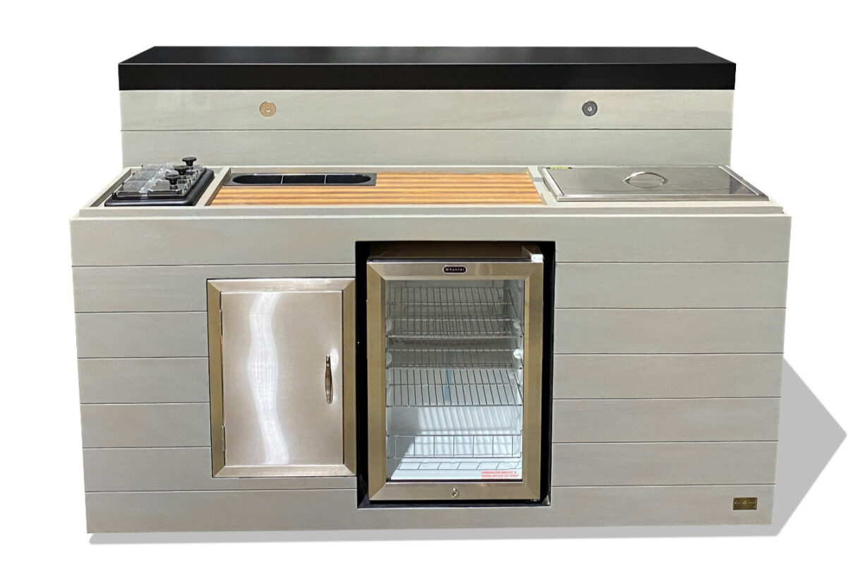 cabinet tronix outdoor bar with tv lift fridge gray