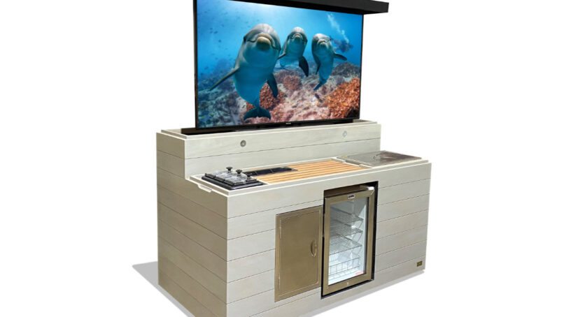 cabinet tronix outdoor hidden bar tv lift fridge gray