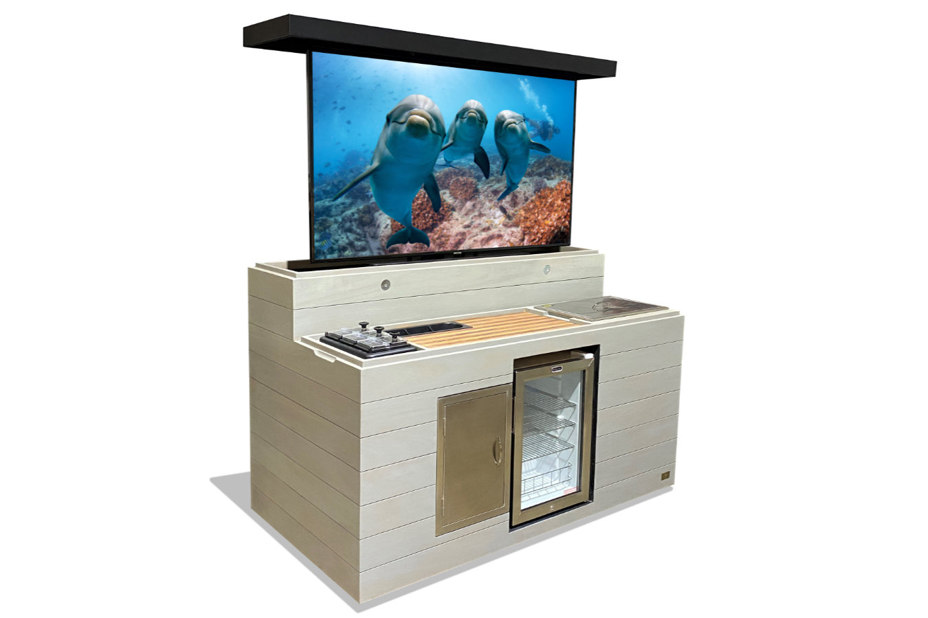 cabinet tronix outdoor hidden bar tv lift fridge gray