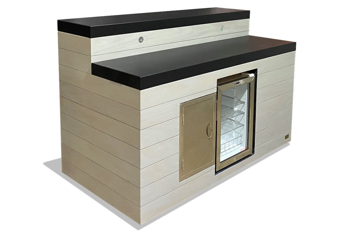 outdoor hidden bar tv lift fridge gray cabinet