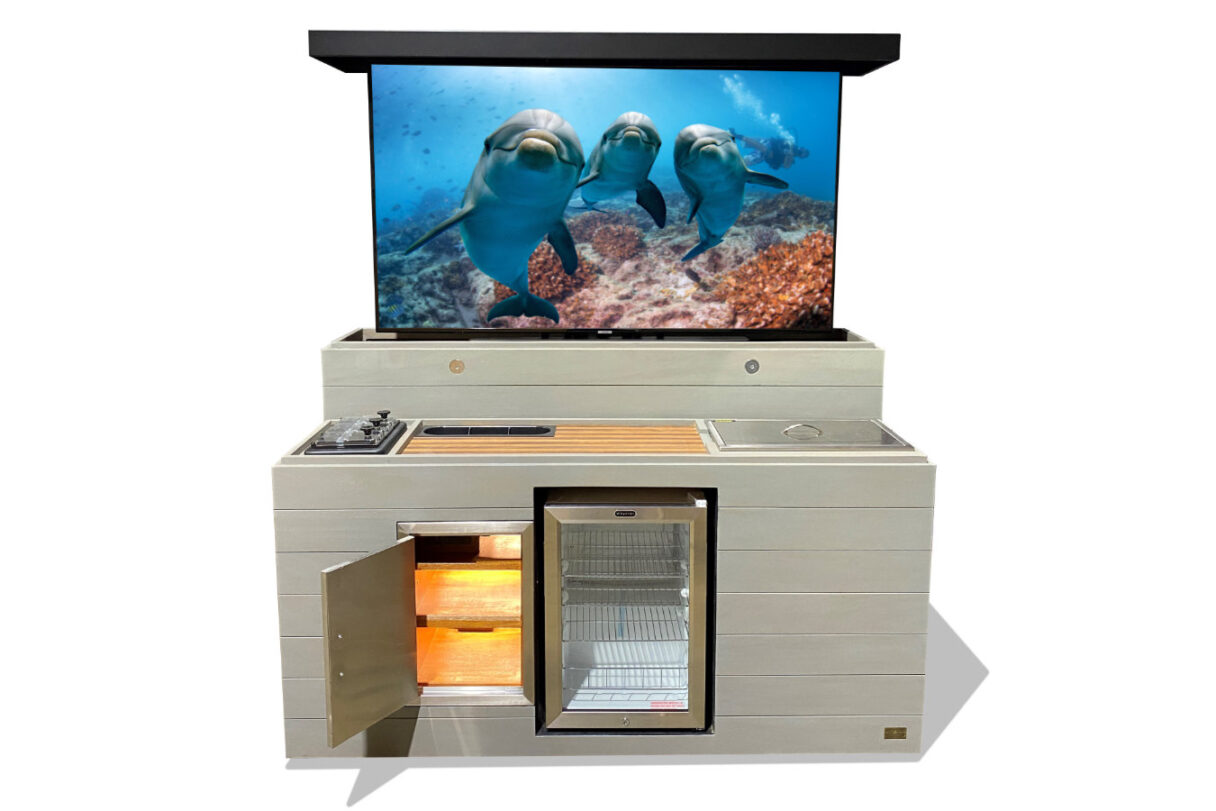 mobile outdoor cabinet bar ice bin hidden tv lift