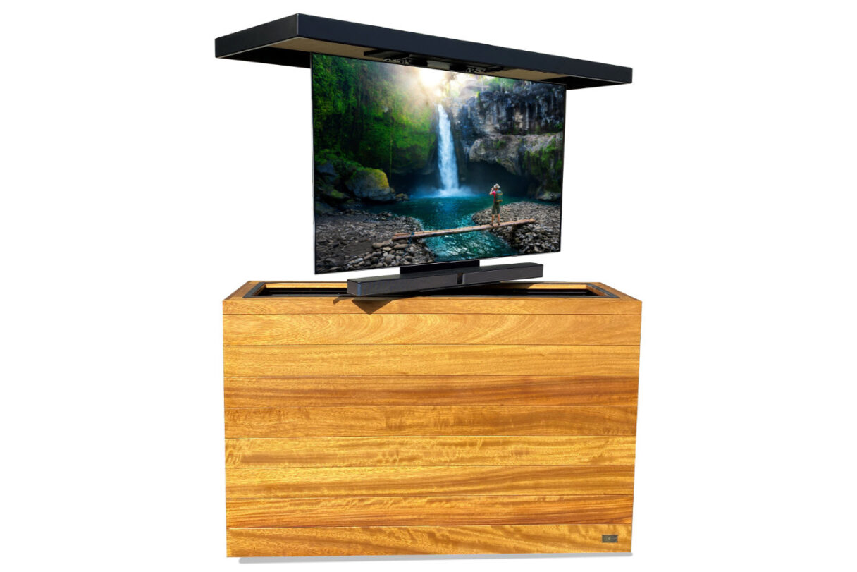 weatherproof tv lift teak cabinet swivel sound bar wheel