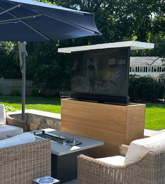 prado outdoor waterprooft hidden tv lift teak cabinet featured
