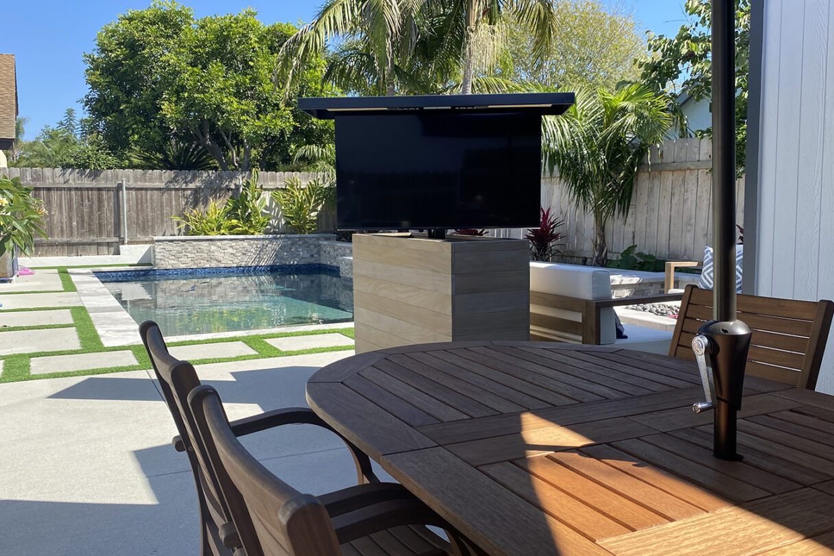 teak outdoor hidden tv lift cabinet with swivel