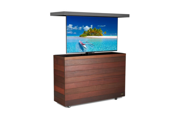 outdoor ready 55 inch pop up tv lift ipe cabinet & gray aluminum top