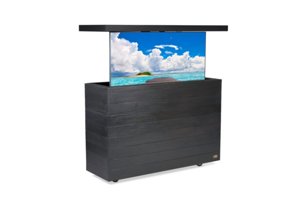 outdoor 55” solid wood grayed espresso tv lift cabinet & black top