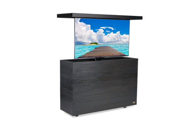 outdoor 55” solid wood grayed espresso tv lift cabinet & black top