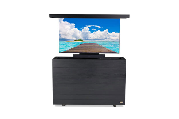outdoor 55” solid wood grayed espresso tv lift cabinet & black top