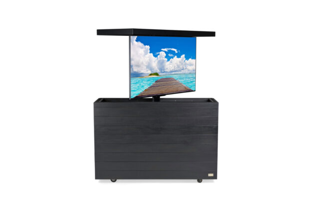 outdoor 55” solid wood grayed espresso tv lift cabinet & black top