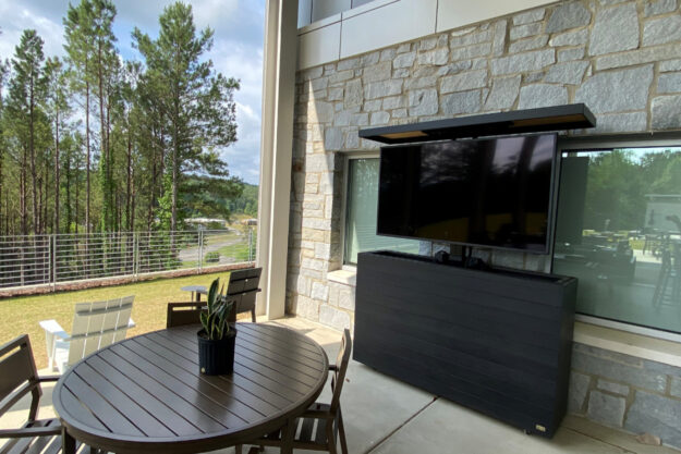outdoor 55” solid wood grayed espresso tv lift cabinet & black top