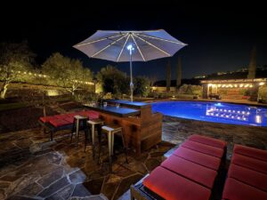 outdoor bar and hiddent tv lift cabinet mobile entertainment center with seating lighting umbrella