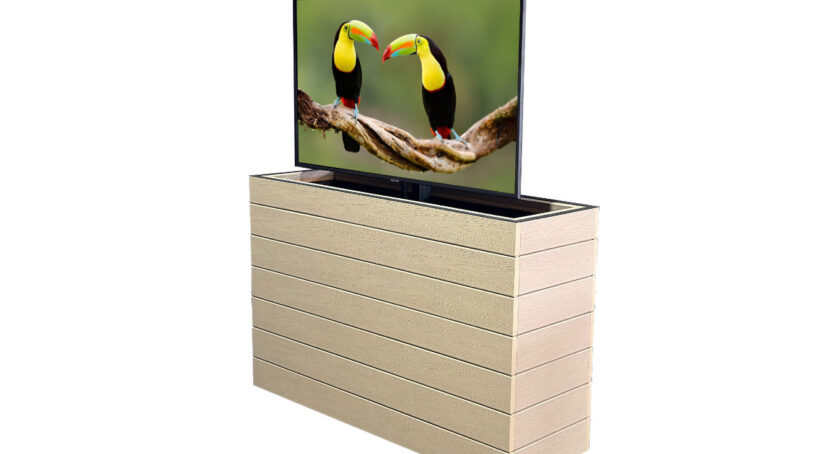 light colored outdoor hidden tv lift cabinet