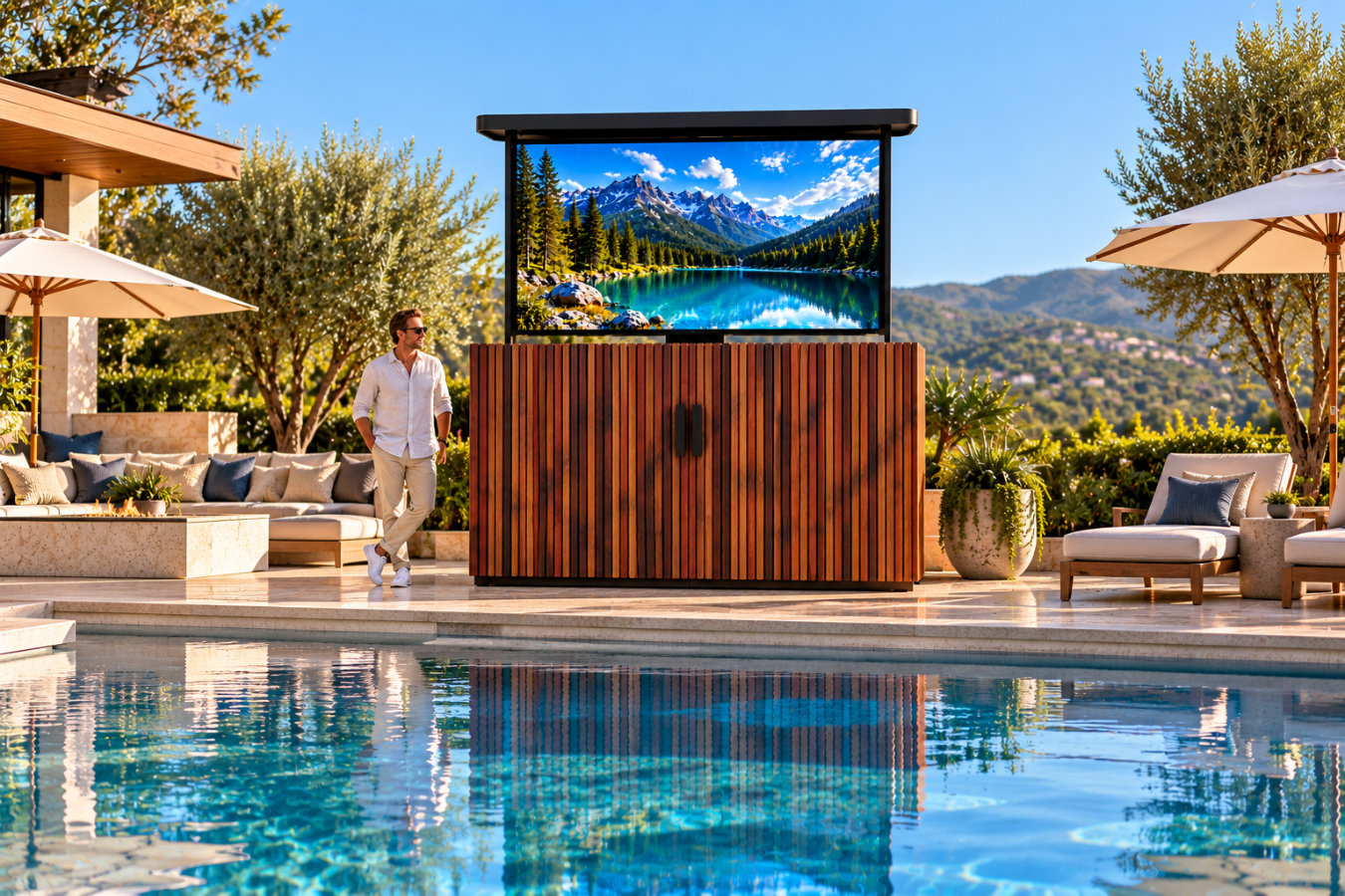 del mar 85 inch big screen outdoor tv lift cabinet in a luxury poolside setting