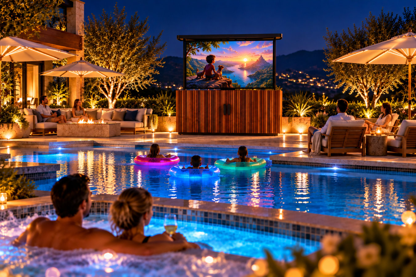 del mar 85 inch outdoor tv lift cabinet for a poolside family movie night