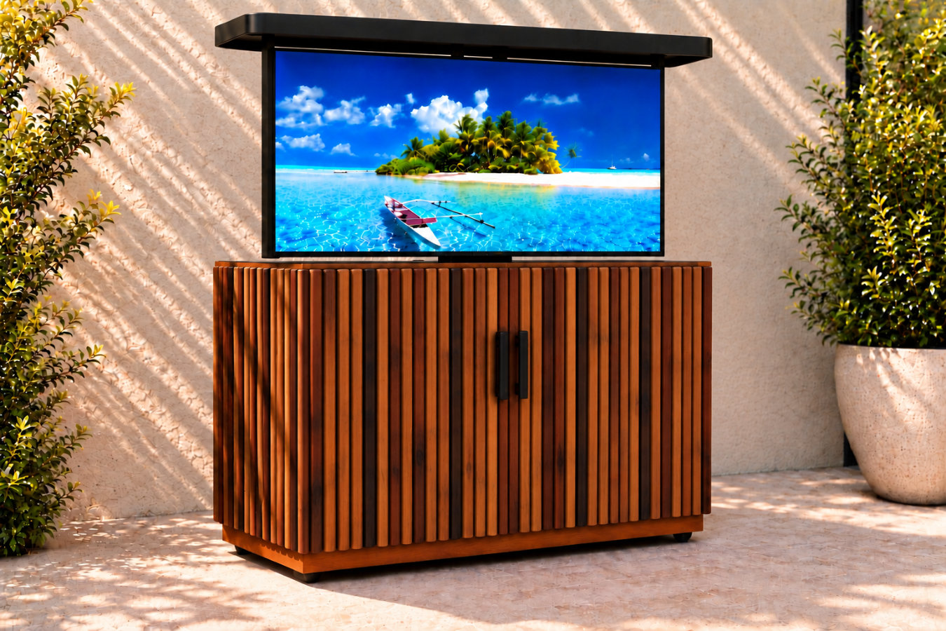 del mar 55 inch motorized outdoor tv cabinet angle view