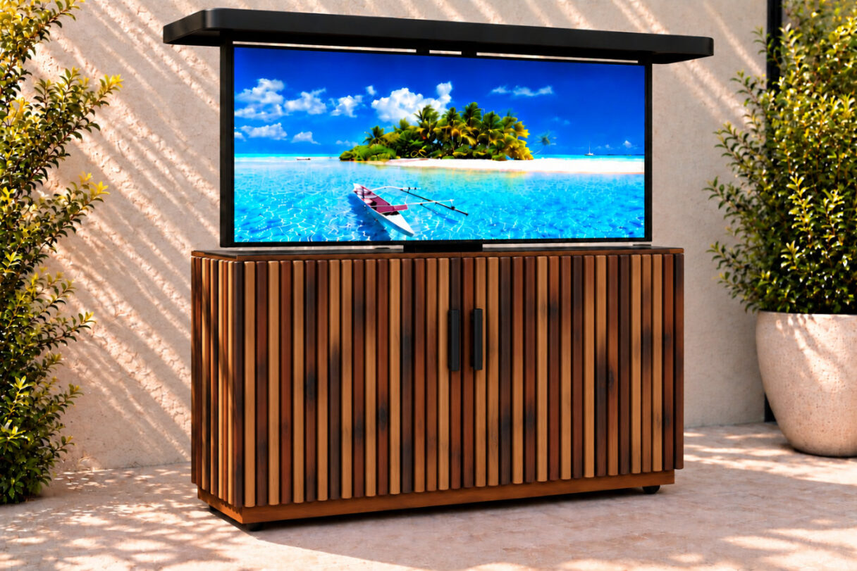 del mar 65 inch hidden outdoor tv cabinet angle view