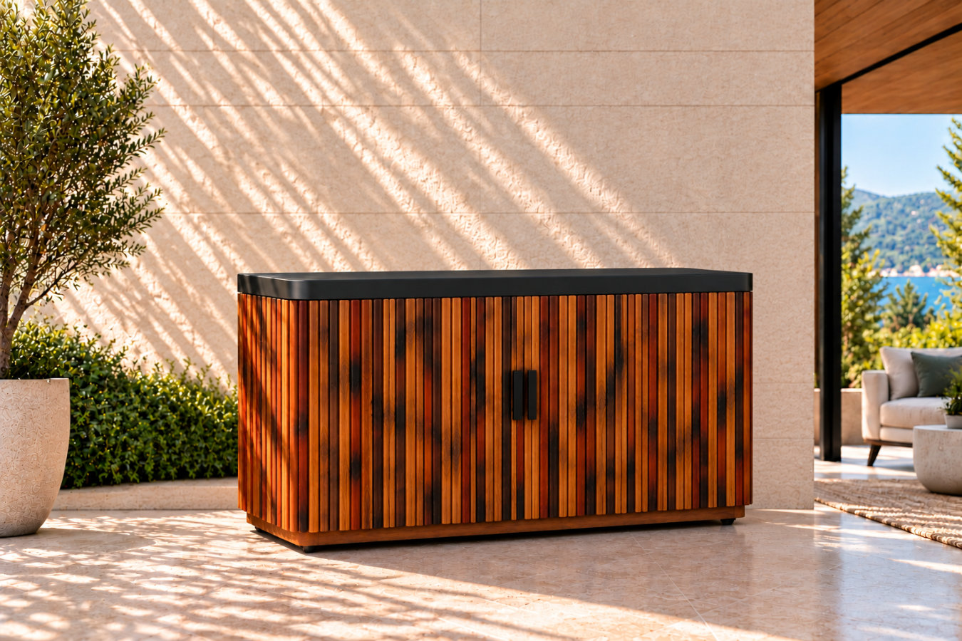 del mar 85 inch ipe outdoor tv lift cabinet angle view
