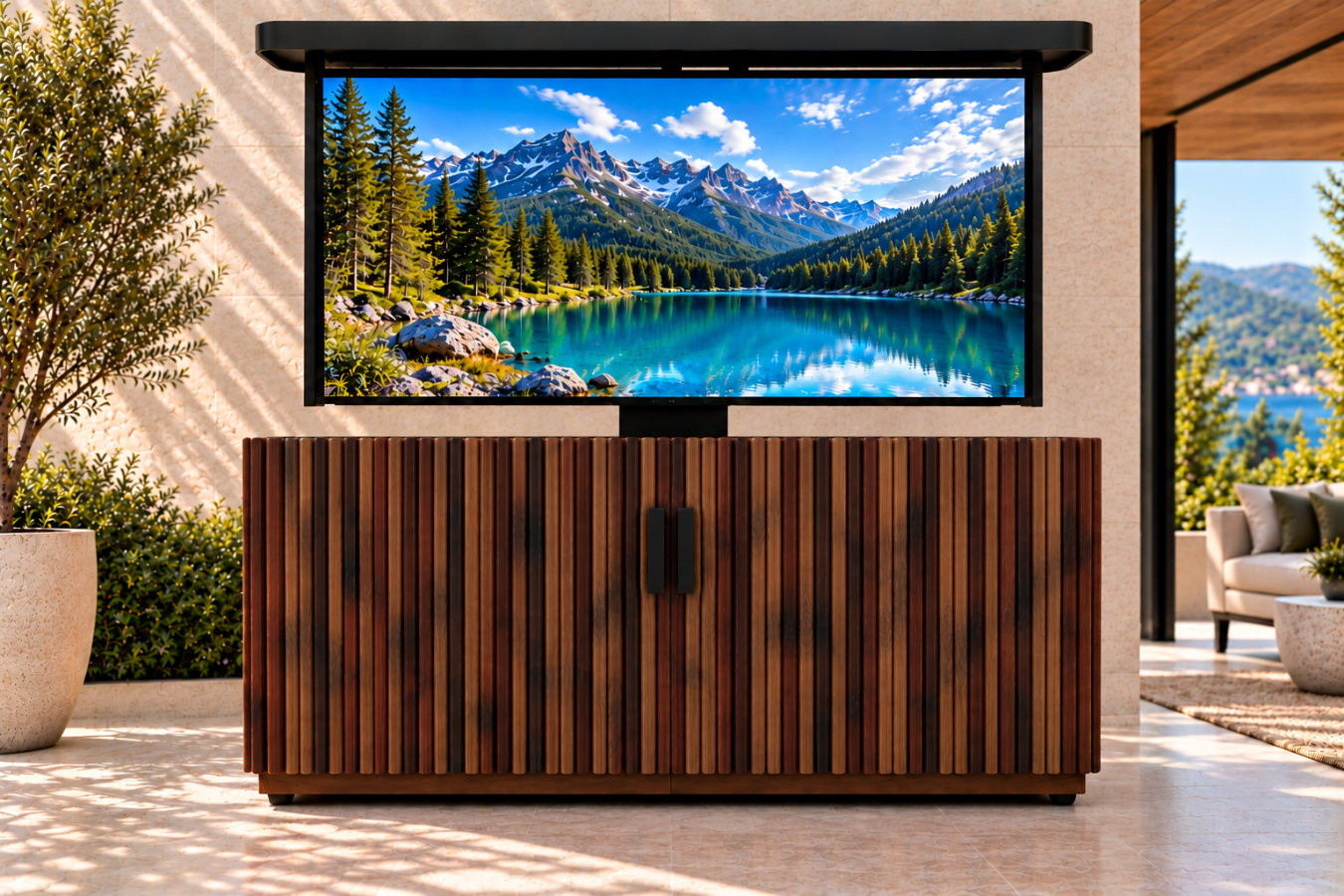 del mar 85 inch motorized outdoor tv lift cabinet tv raised