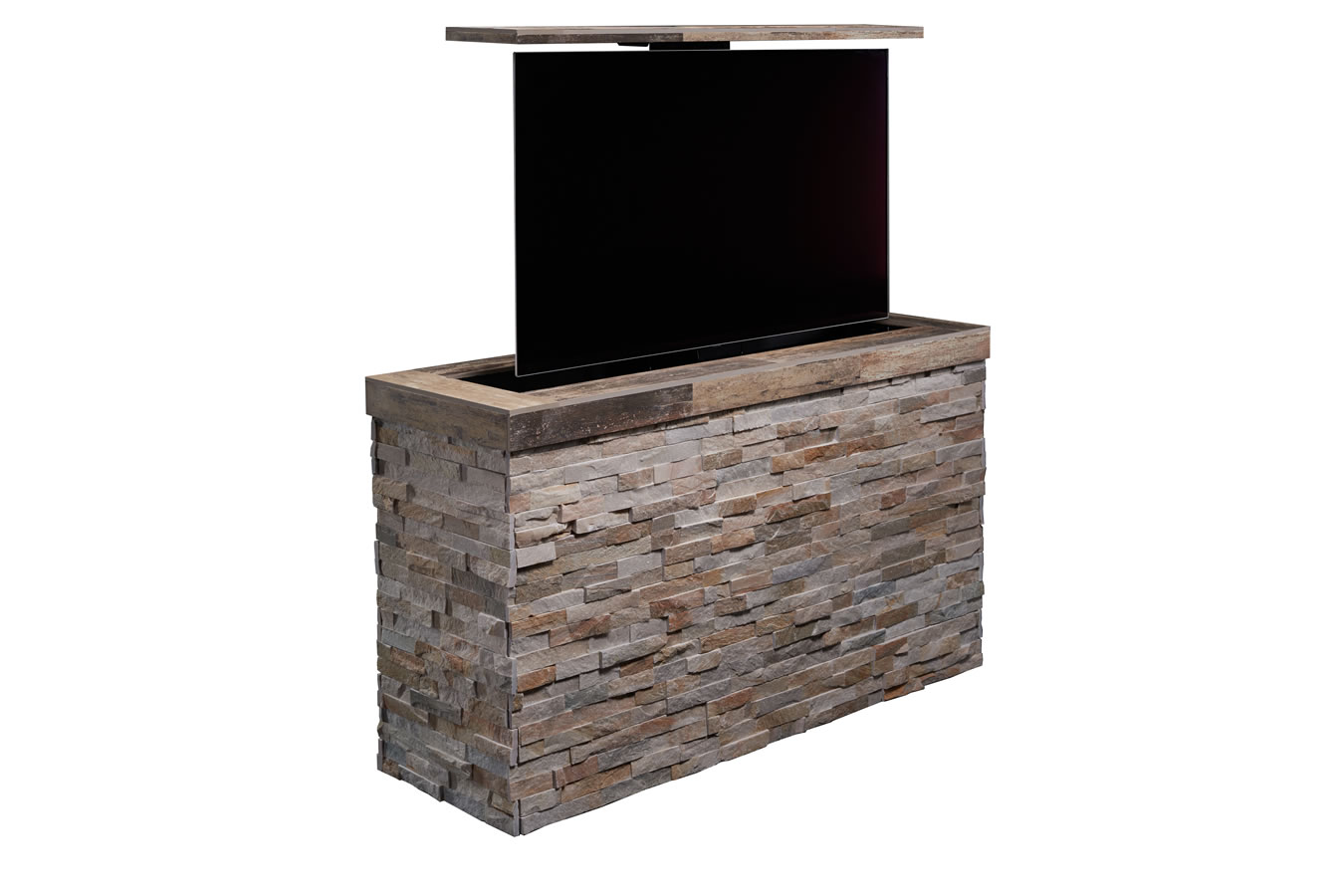 Outdoor pop up TV | Tile topped Stacked stone outdoor TV ...