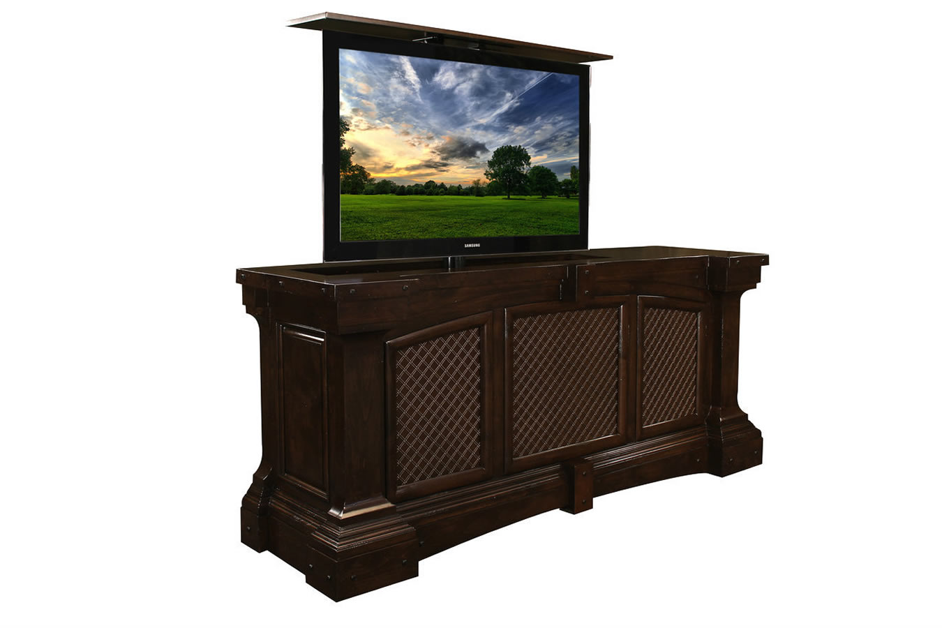 Fairbanks Rustic Designer TV Lift Cabinet holds up to 55 inch flat screen or curved TVs