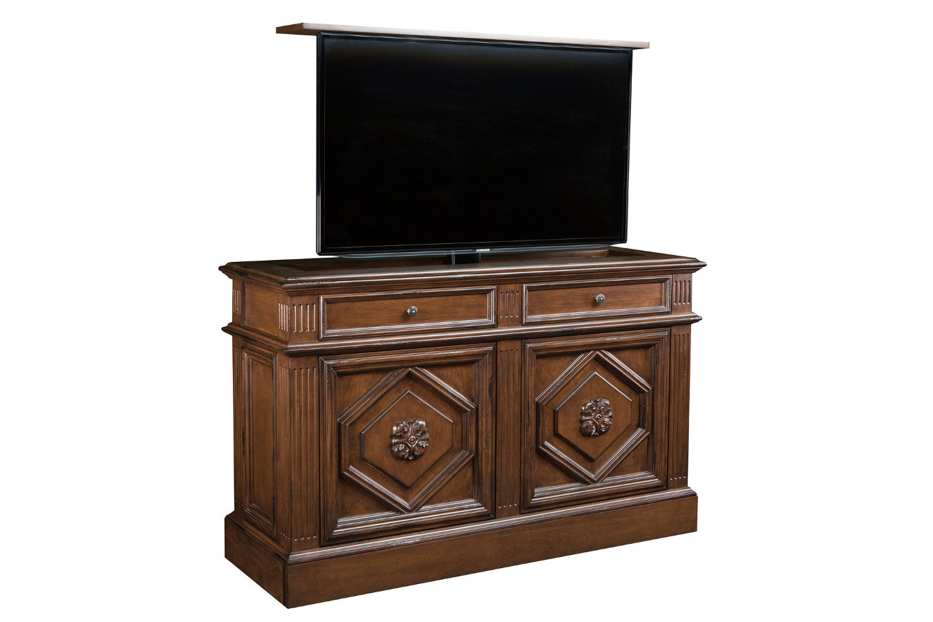 Montage 2 door buffet TV Lift furniture is shown in our Designer Walnut mild distressed high quality finish.  This cabinet is controlled by a Universal Remote.