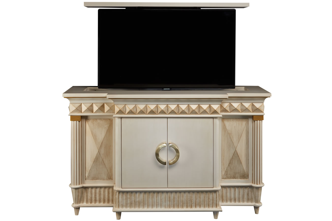 Octavious TV lift cabinet with antique gold glaze created by Cabinet Tronix